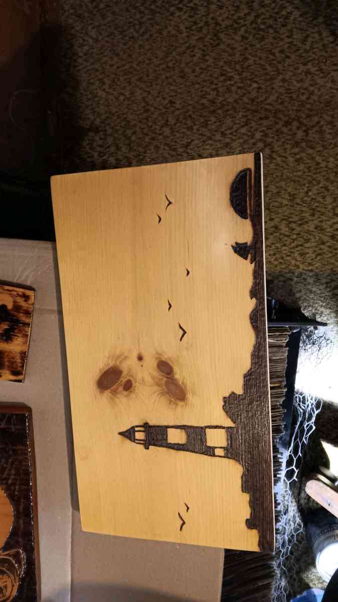 Lighthouse scene pyrography