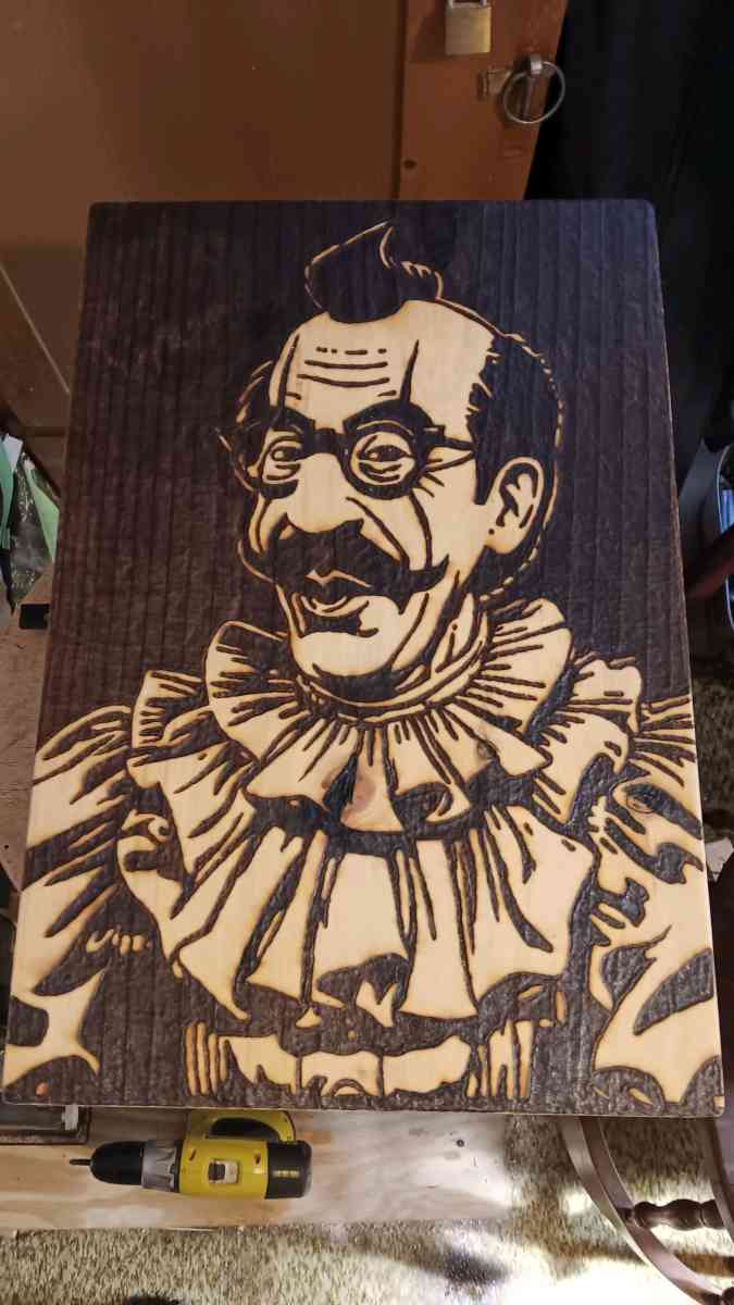 Groucho the Clown pyrography