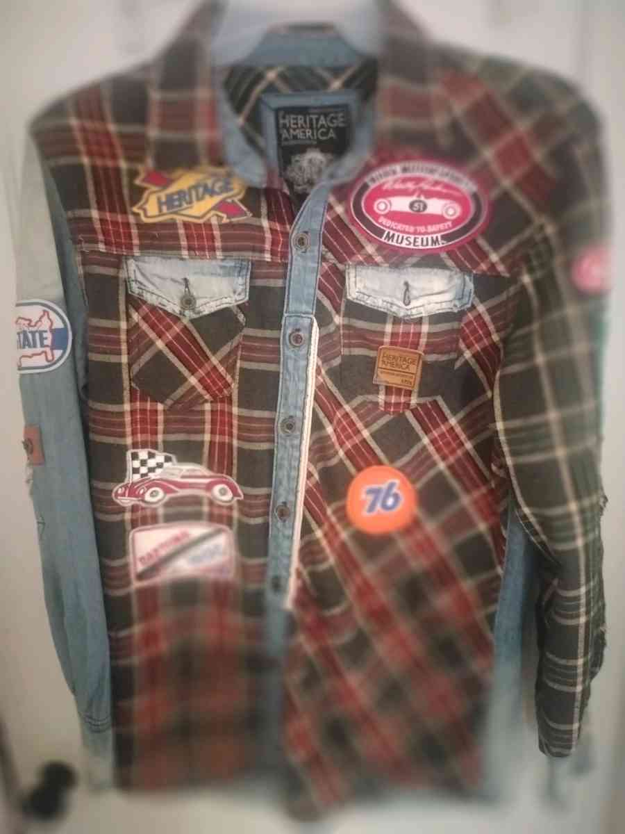 Heritage America L Distressed Denim Flannel Jacket Gas  Oil