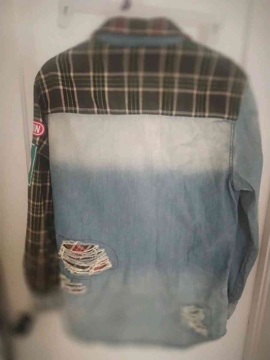 Heritage America L Distressed Denim Flannel Jacket Gas  Oil