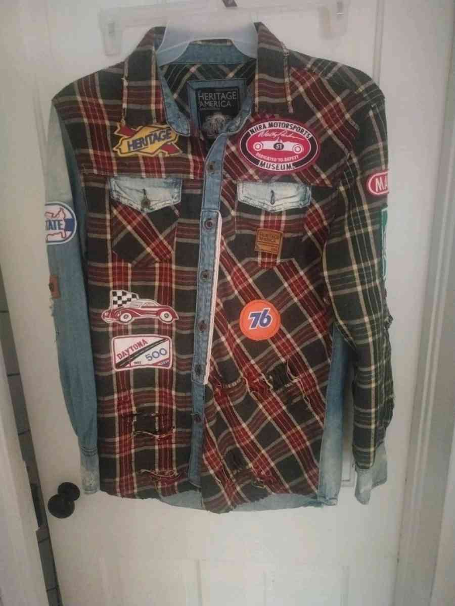 Heritage America L Distressed Denim Flannel Jacket Gas  Oil