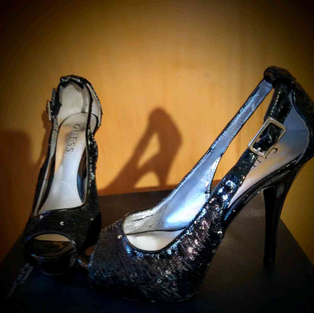 The Vintage Guess Black Sequence Open Toe heels size 6