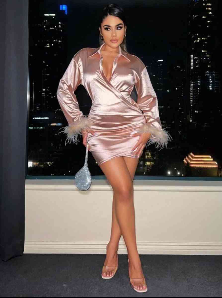 Fuzzy CuffRuched Wrap Hem Satin BodyconDress