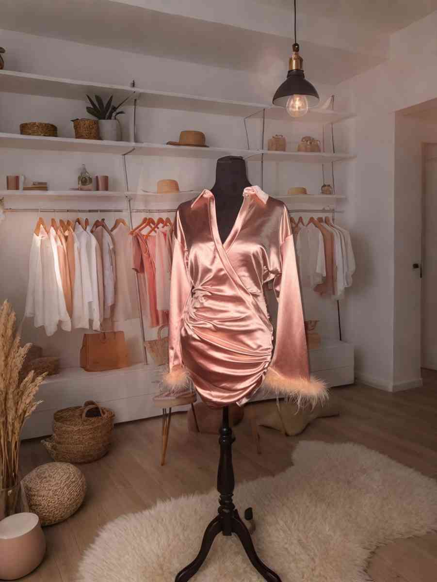 Fuzzy CuffRuched Wrap Hem Satin BodyconDress