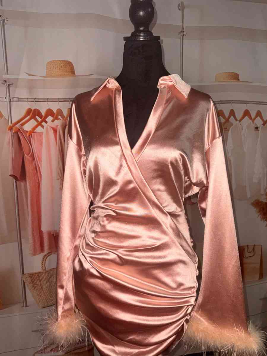 Fuzzy CuffRuched Wrap Hem Satin BodyconDress