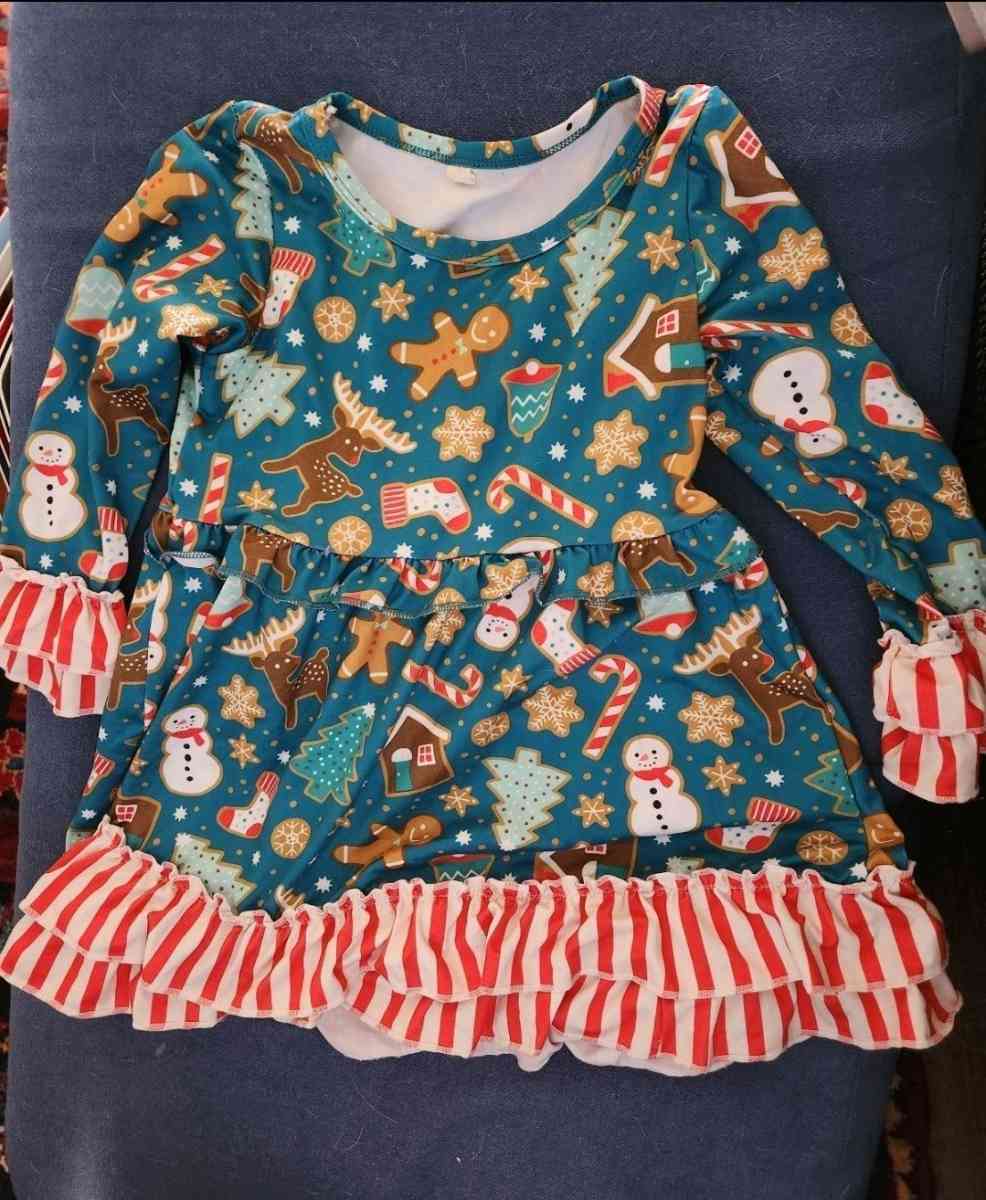 Girl Christmas dress with red and white stripe trim