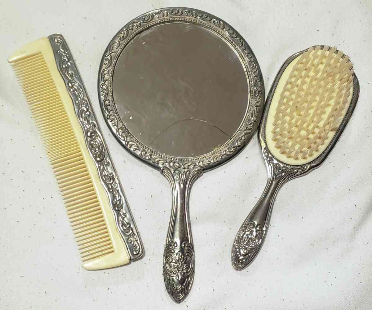Vintage Silver Plated Vanity Set with Handheld Mirror and Br