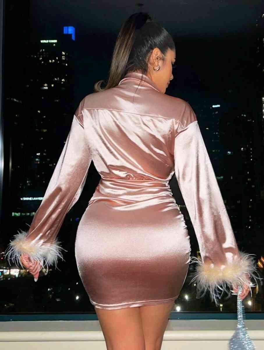 Fuzzy CuffRuched Wrap Hem Satin BodyconDress