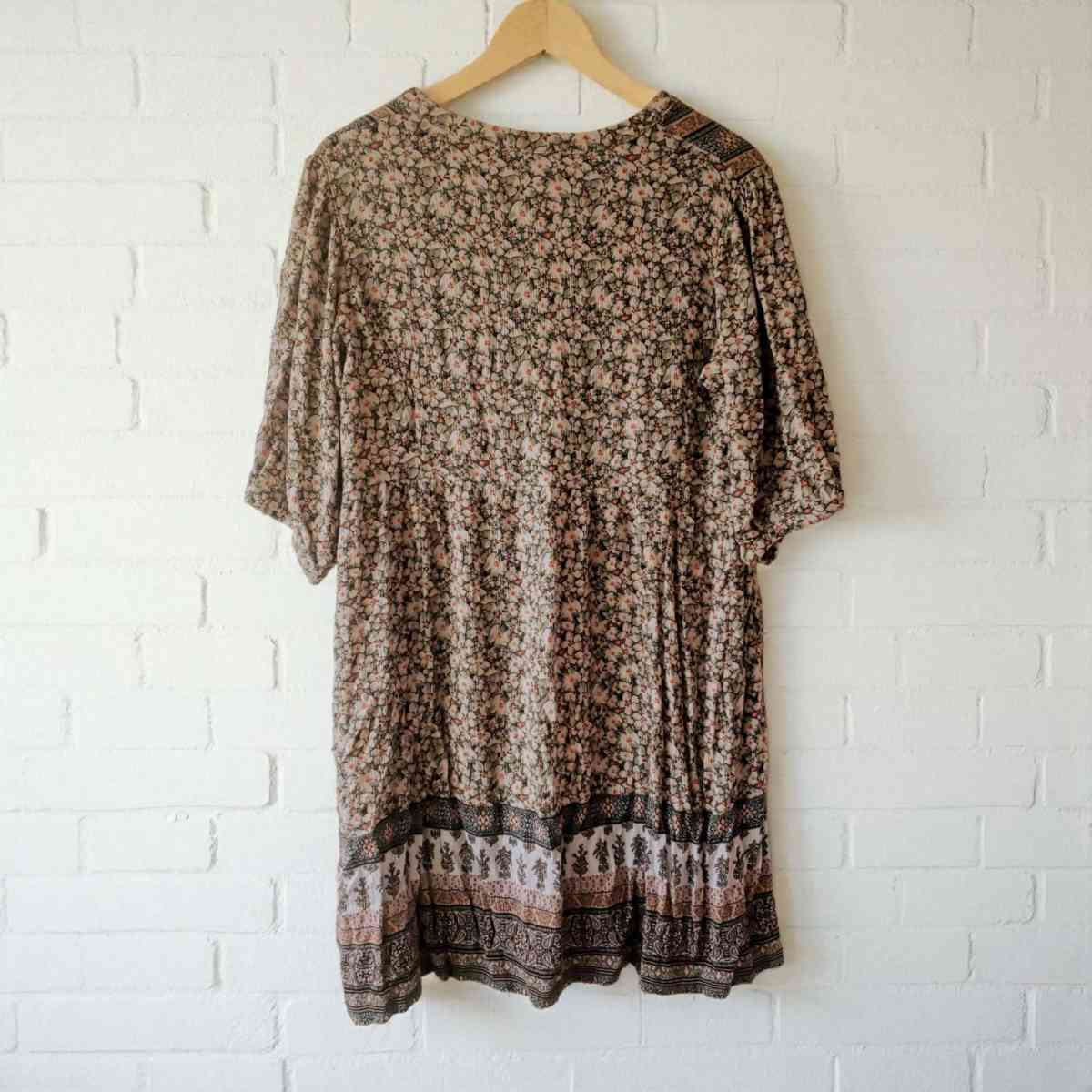 Boho floral mini dress with tie front and elastic waistband