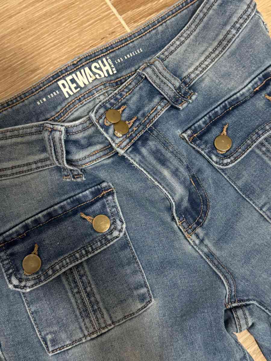 Womens High Rise Rewash Denim Flare Jeans