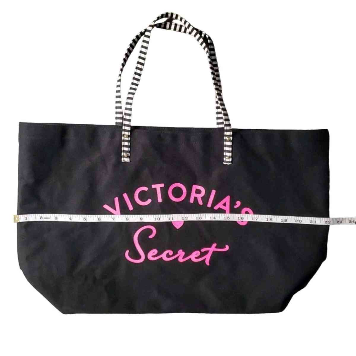 Victorias Secret Black Canvas Tote Bag With Striped Handles