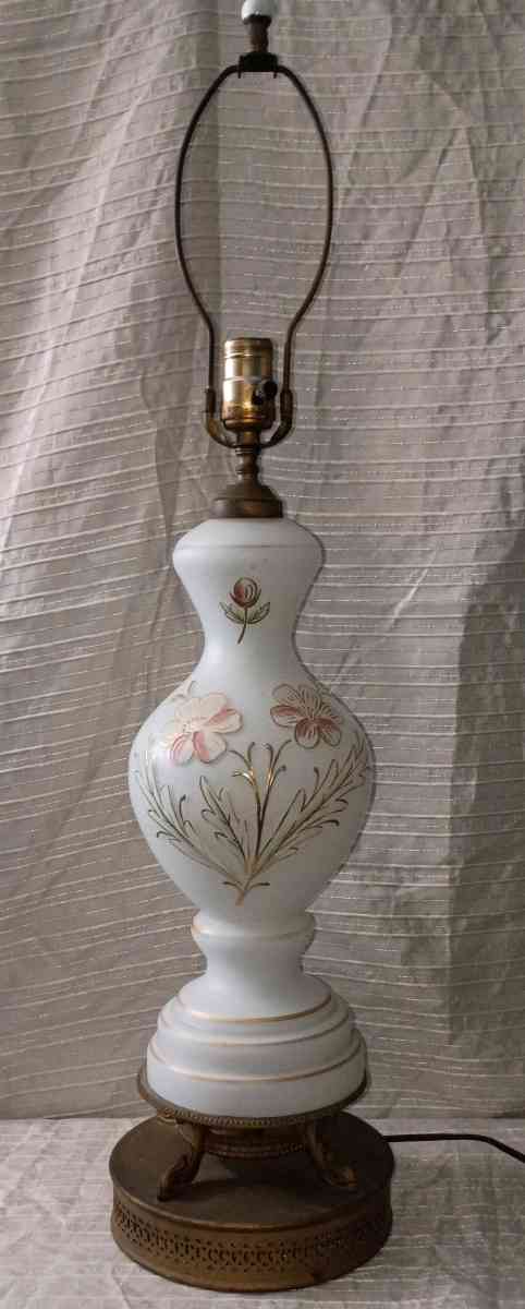Vintage Bristol Glass Table Lamp White Glass Painted Flowers