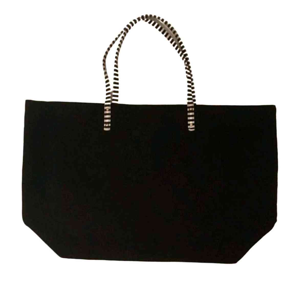 Victorias Secret Black Canvas Tote Bag With Striped Handles