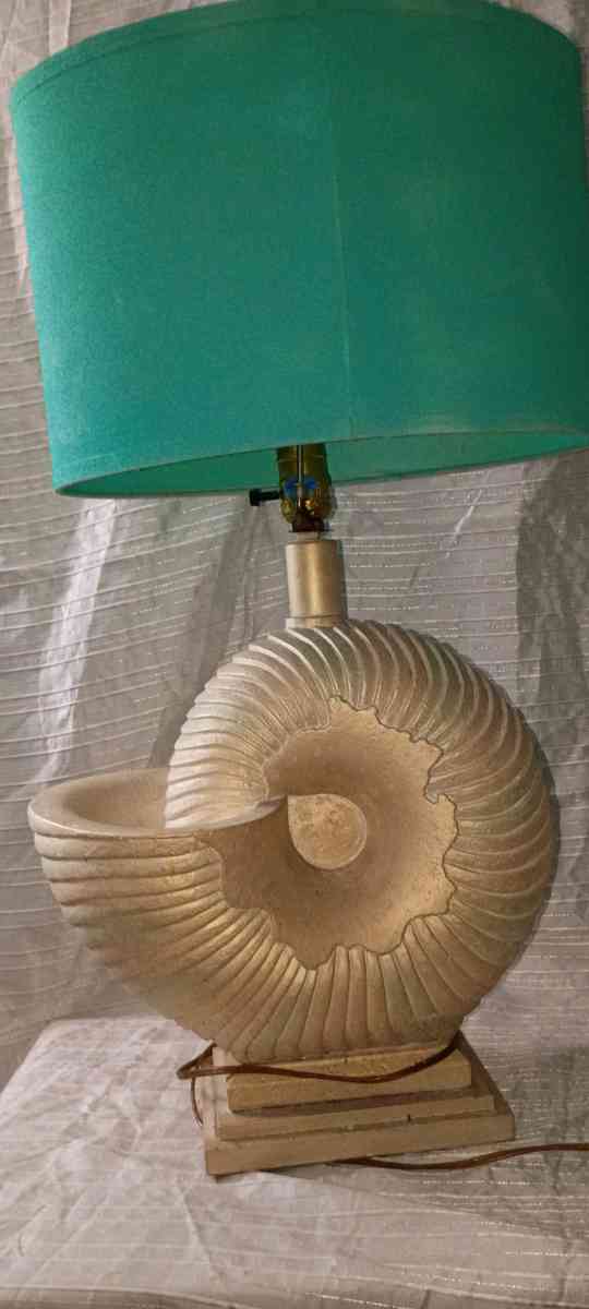 Vintage 1980s Pastel Iridescent Plaster Nautilus Table Lamp