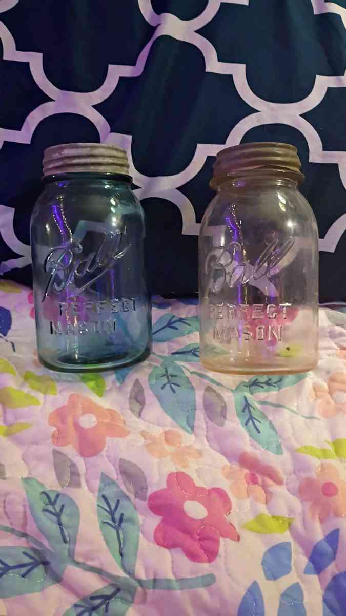 early 1900s quart size blue and pink mason jars