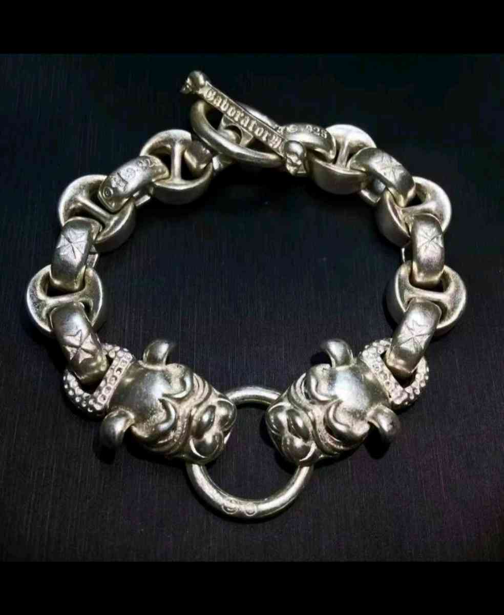 OLD HANDMADE MIAO TIBETAN TWO HEAD DOG BRACELET STAMPS S925