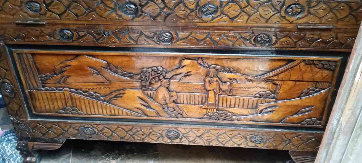 HandCarved Camphorwood Chest  Antique Oriental Style