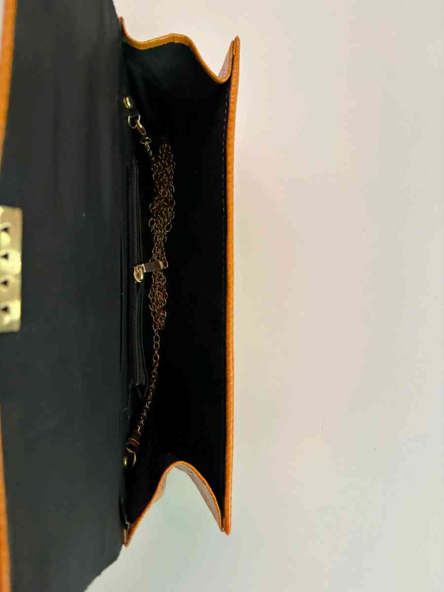 VintageStyle Orange Faux Leather Clutch with Gold DoubleC Ac