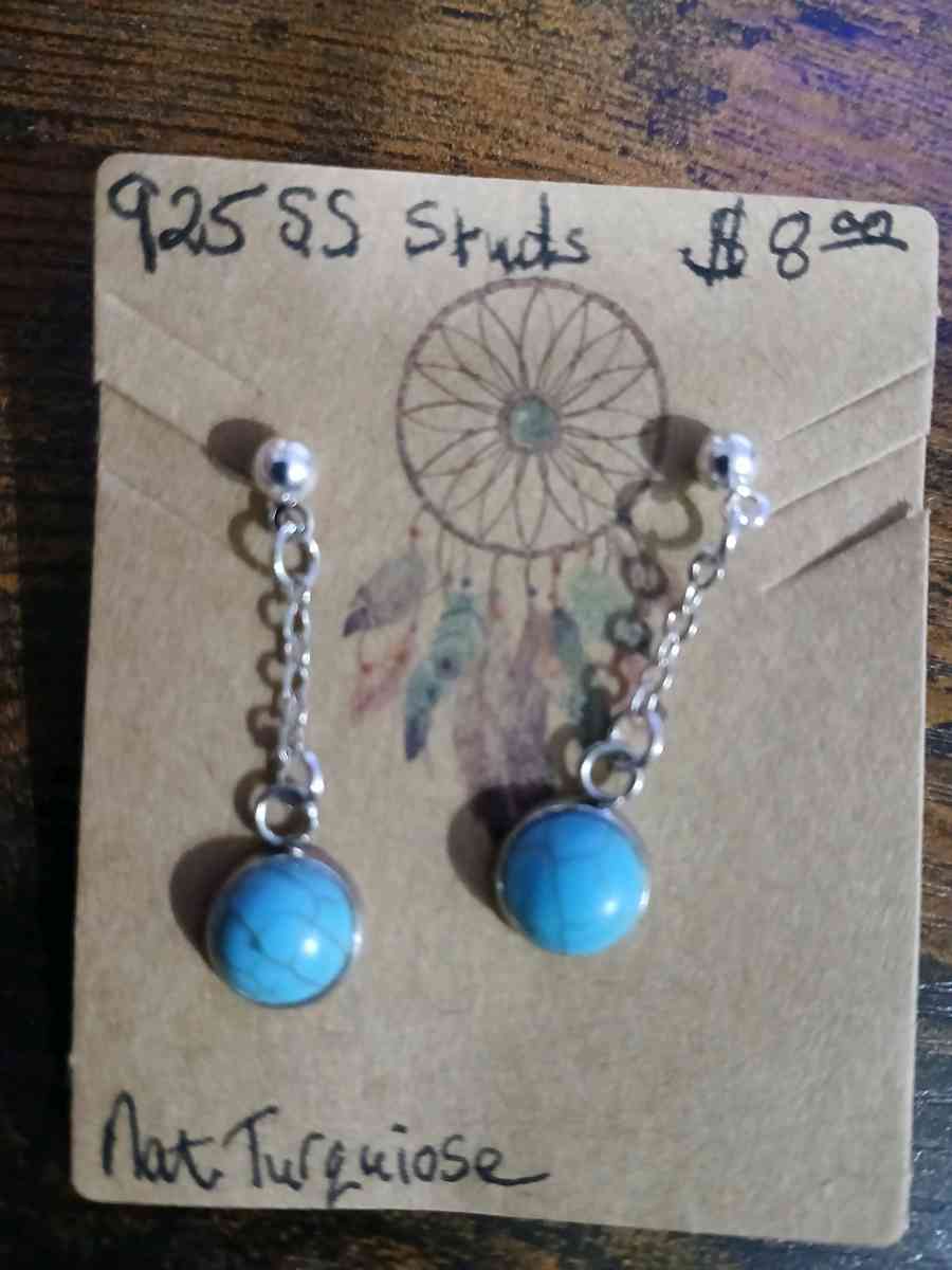 Silver Stud Earrings with Natural Turquoise 8mm
