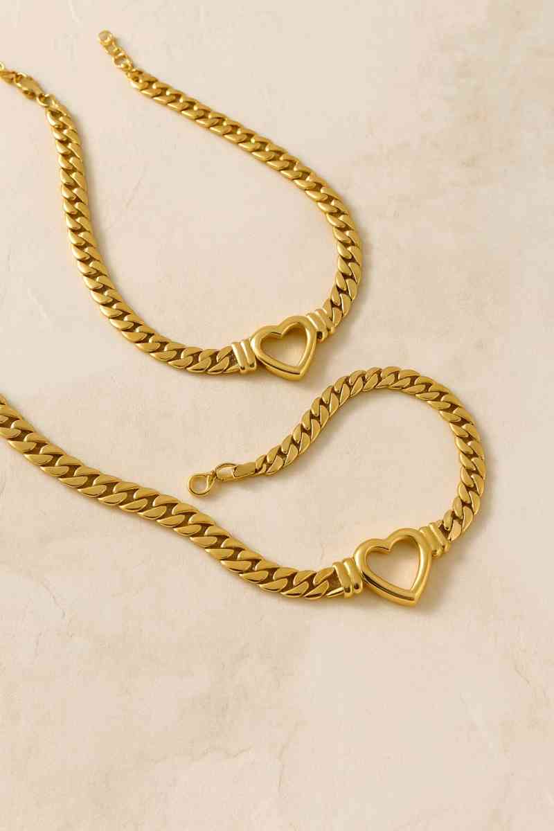 Gold Heart Cuban Chain Set  Necklace  Bracelet  Waterproof