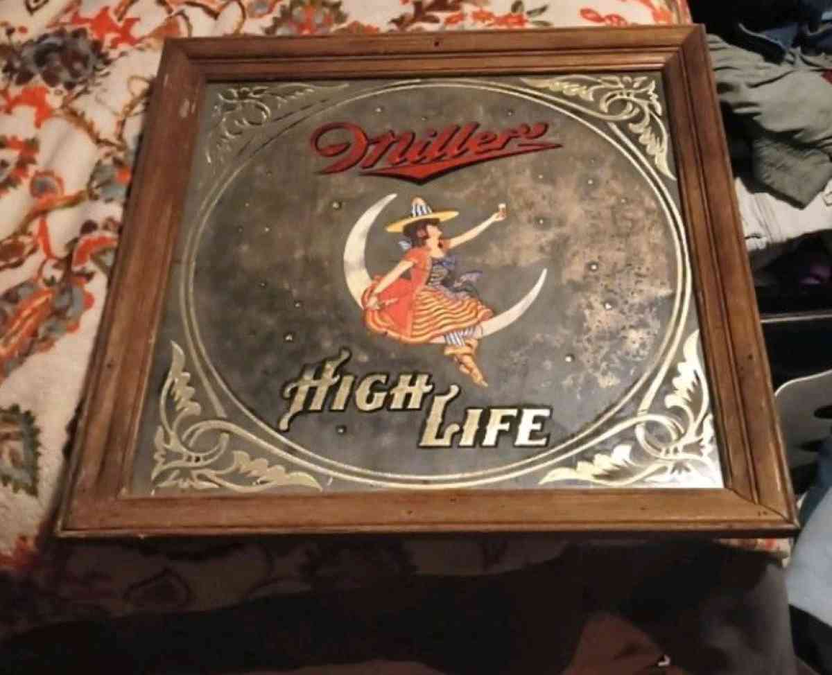 Miller High Life Framed 14 X 14 Mirror Sign Girl On The Moon