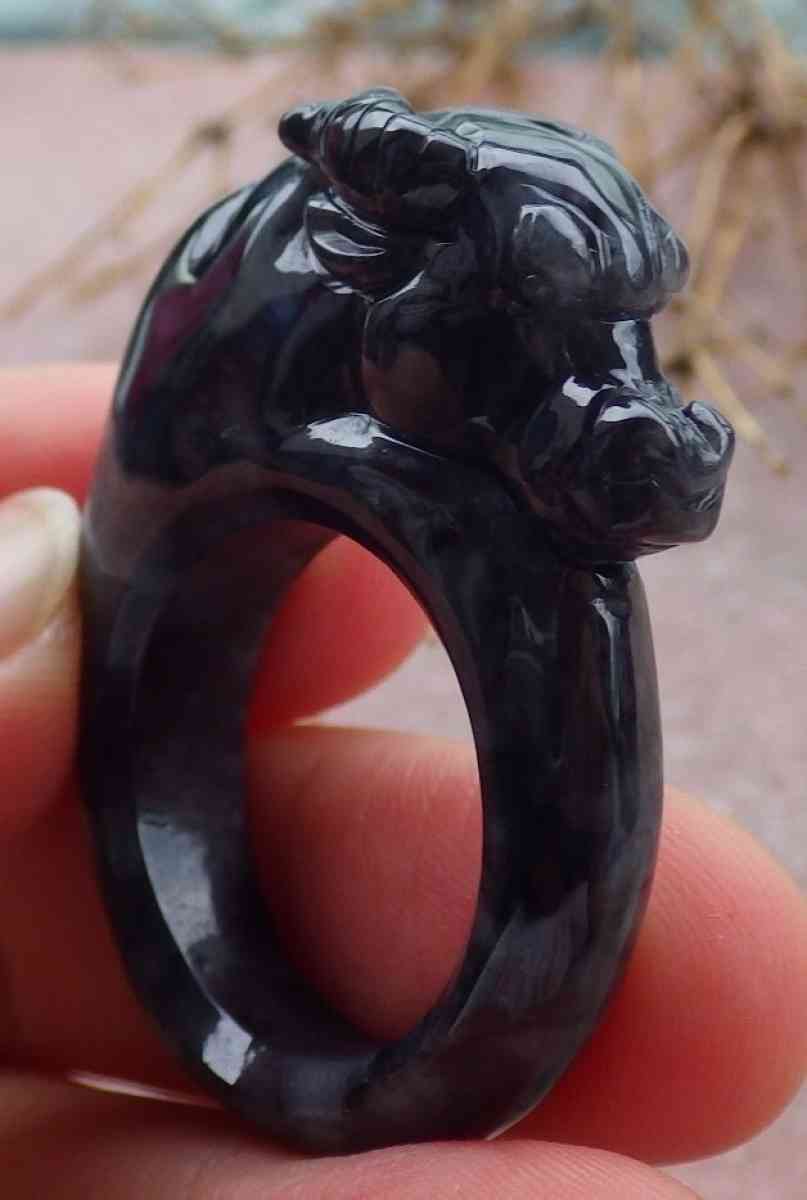 Certificate Black Burma A Jadeite Jade Cow Ox Circle Ring NO
