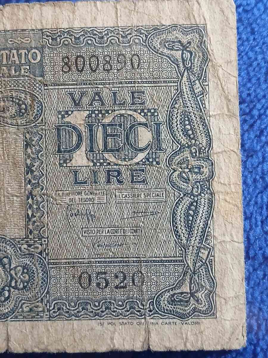 1944 10 Lire banknote from Italy