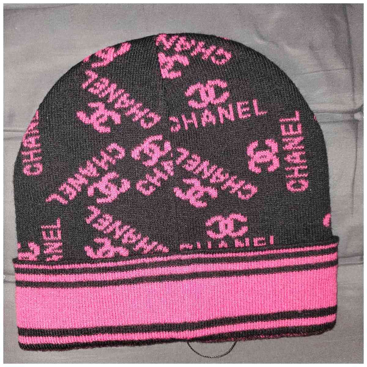 Chanel Black and Pink Logo Beanie