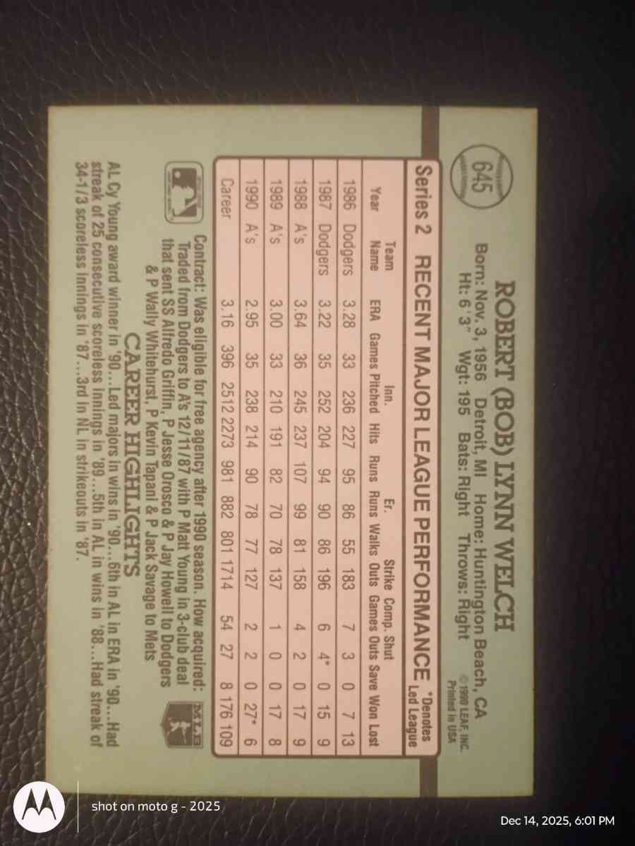 Bob Welch Baseball Card