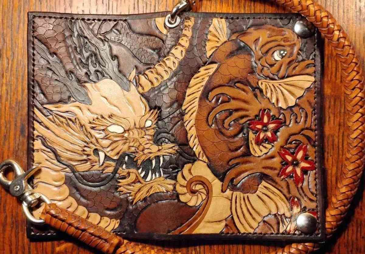 new tooled leather koi fish and dragon bifold wallet