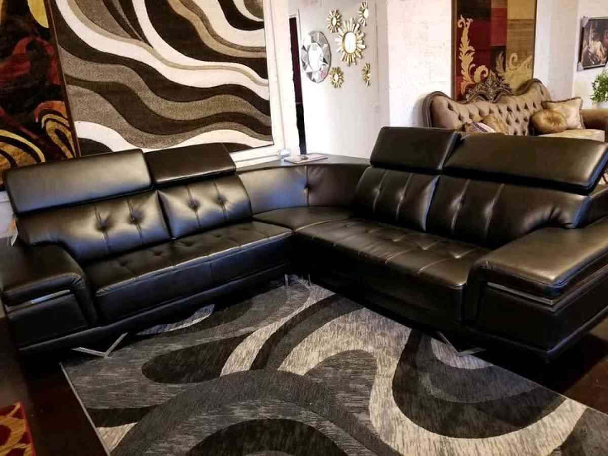 Modern Italian Black Leather Sectional Sofa with Adjustable
