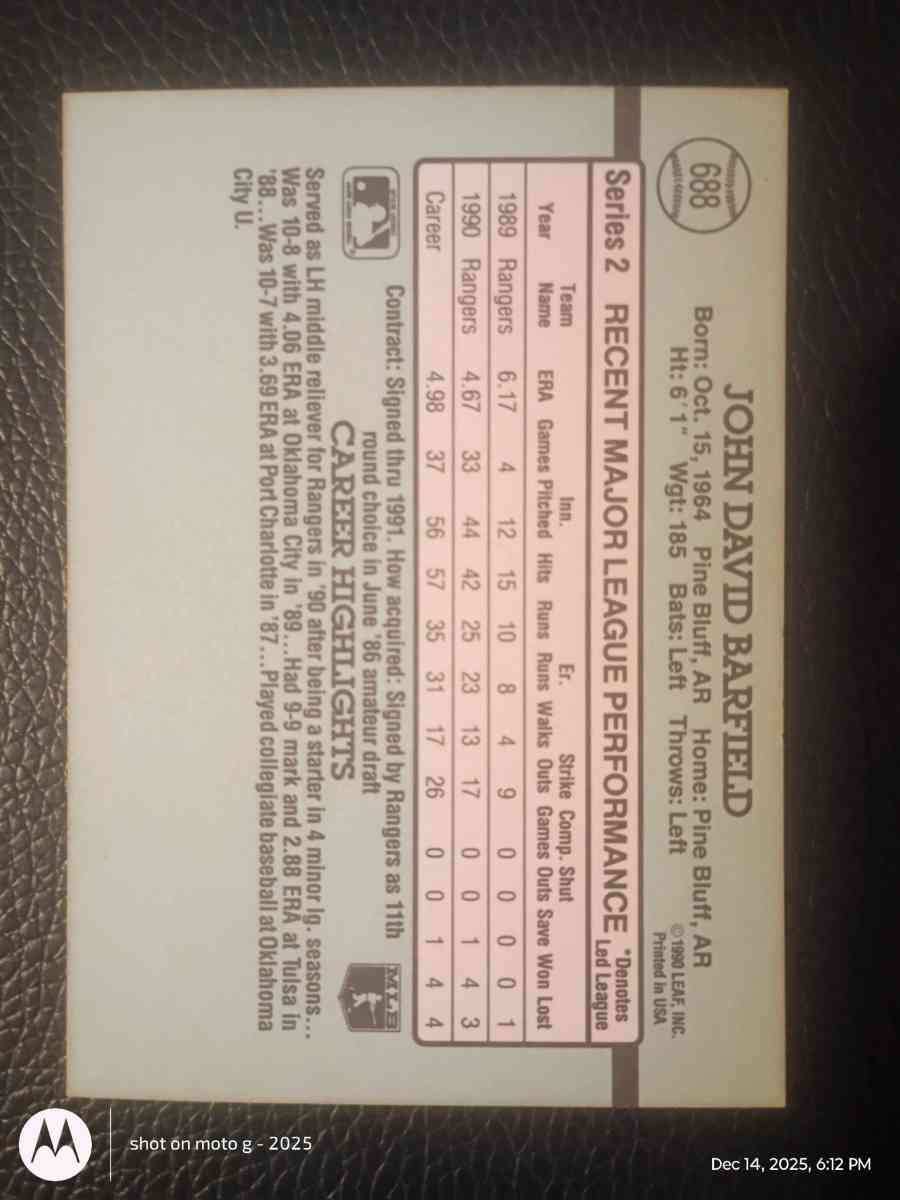 John Bartfield Baseball Card