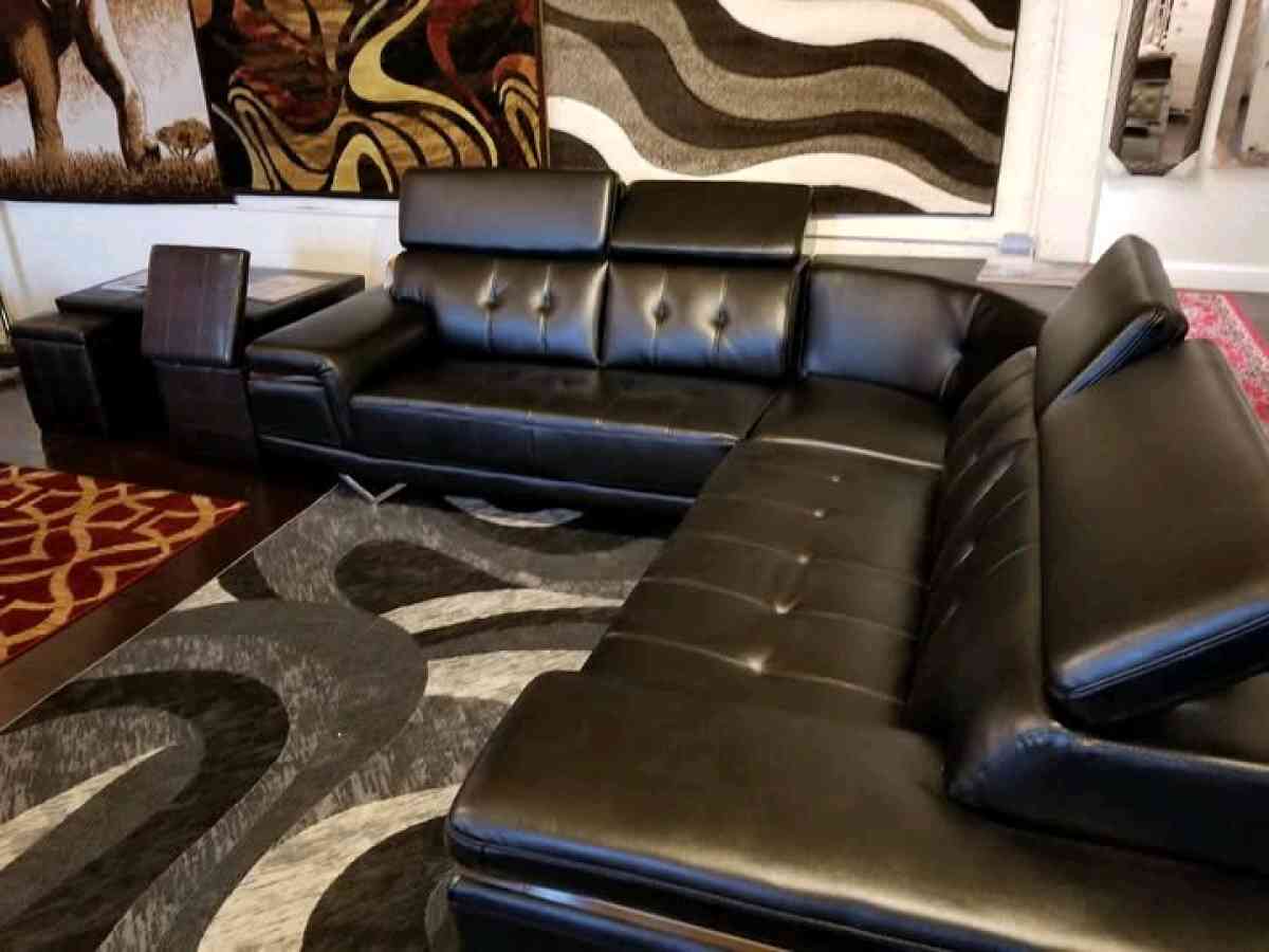 Modern Italian Black Leather Sectional Sofa with Adjustable