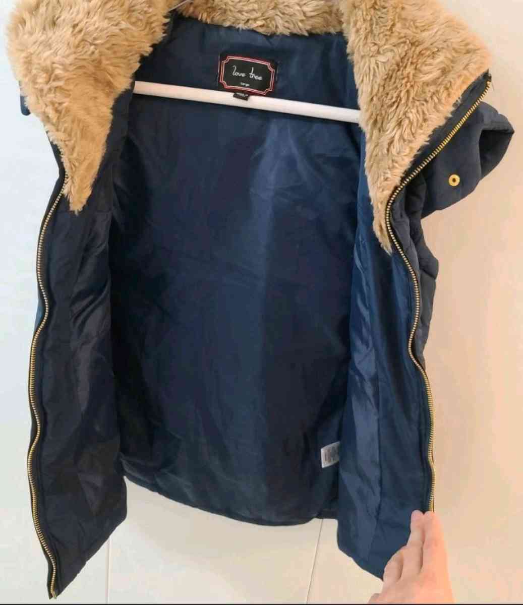 Love Tree Womens Large Blue Puffer Faux Fur Collar Jacket Ho