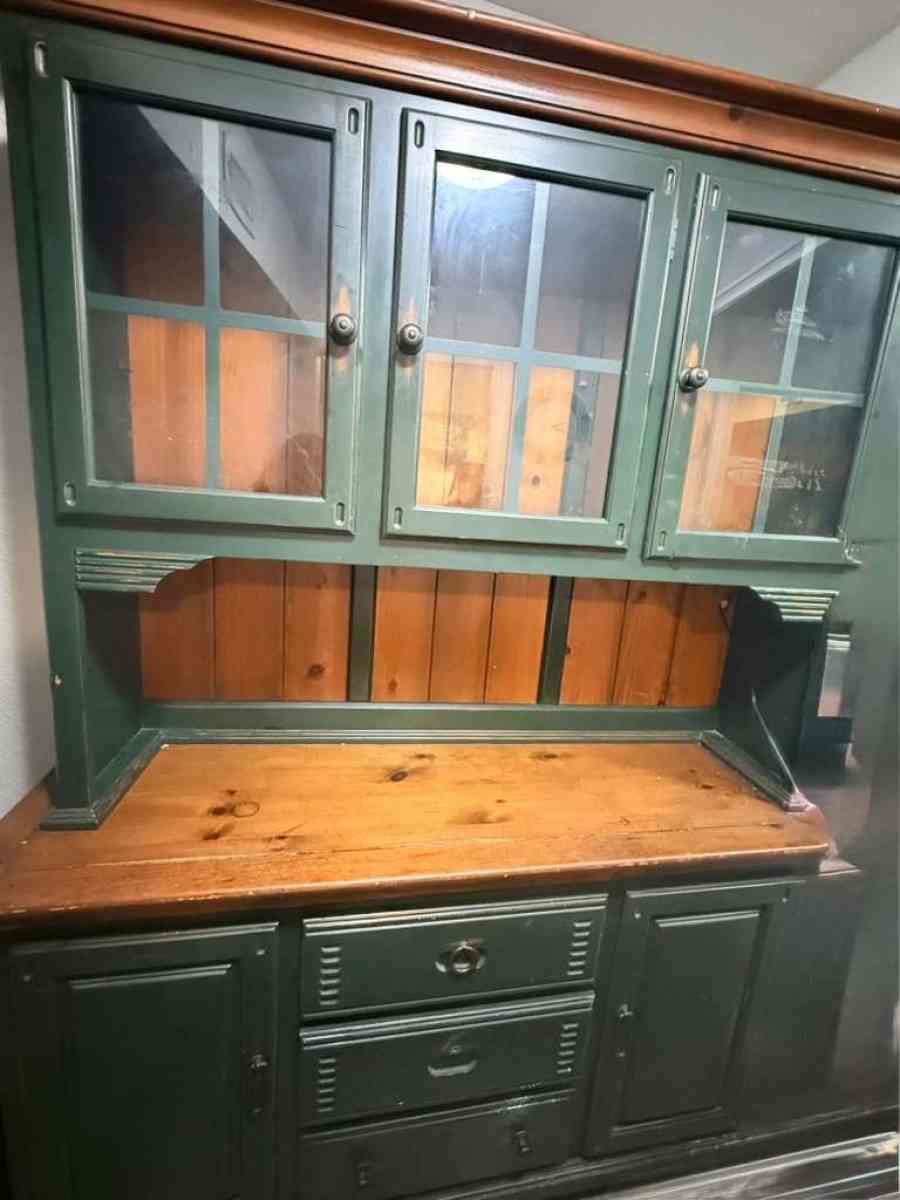 Green Wood Hutch with Glass Doors and Drawers Freestanding R