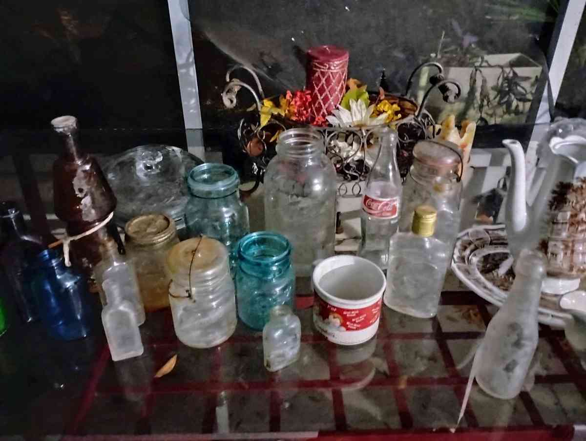 vintage bottles and Pyrex baking dish