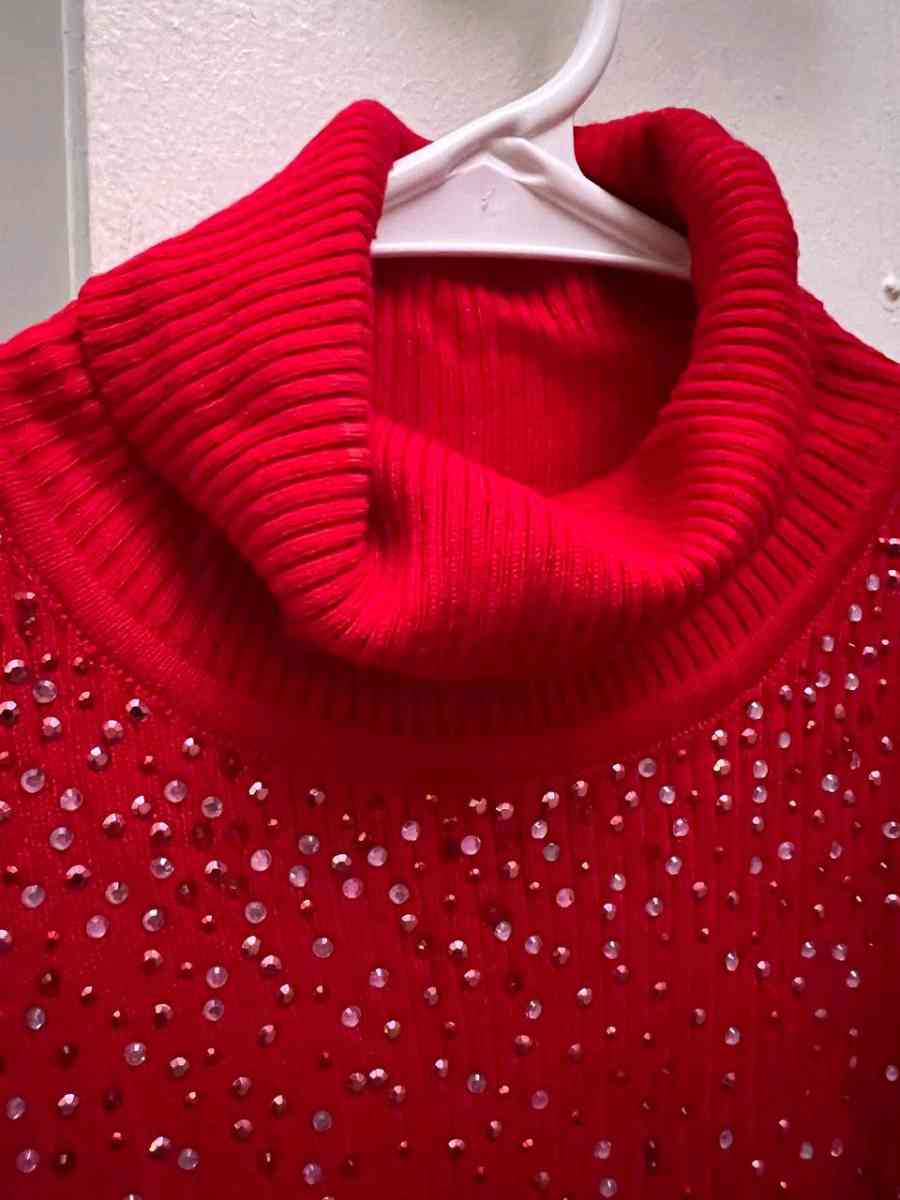 Elegant Red Ribbed Knit Turtleneck with Sparkly Crystals