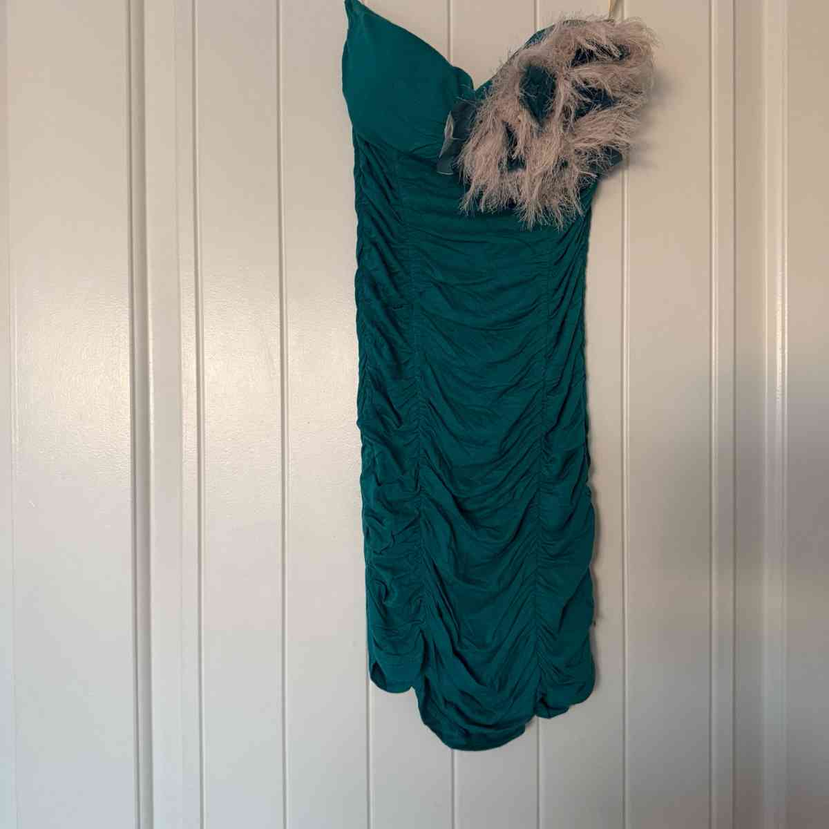 Teal Strapless Ruched Cocktail Dress with Feather Trim