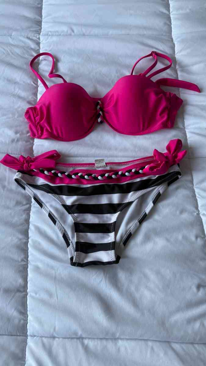 Hot Pink  Black Striped Bikini Set  Padded Bra Top with Brai