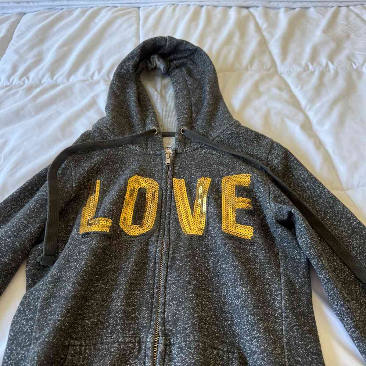 Womens Charcoal ZipUp Hoodie with Gold Sequin LOVE Graphic