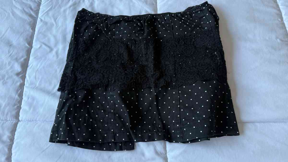 Black Polka Dot Strapless Peplum Top with Lace Overlay  Butt