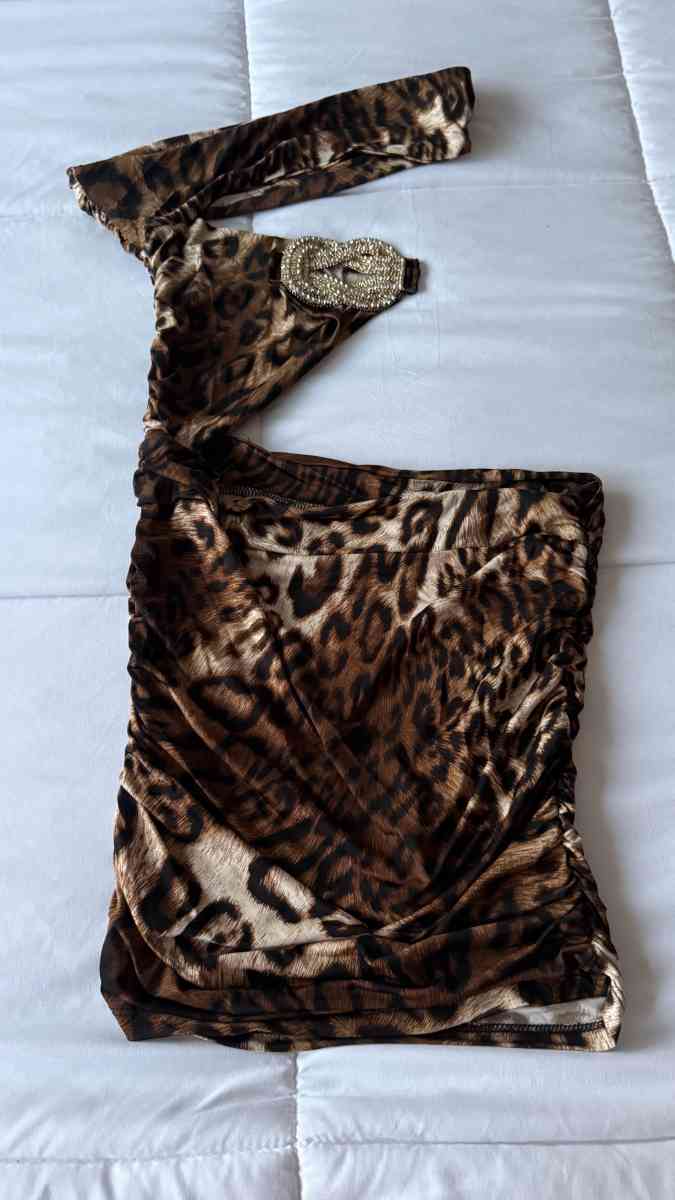 Leopard Print OneShoulder CutOut Mini Dress with Rhinestone