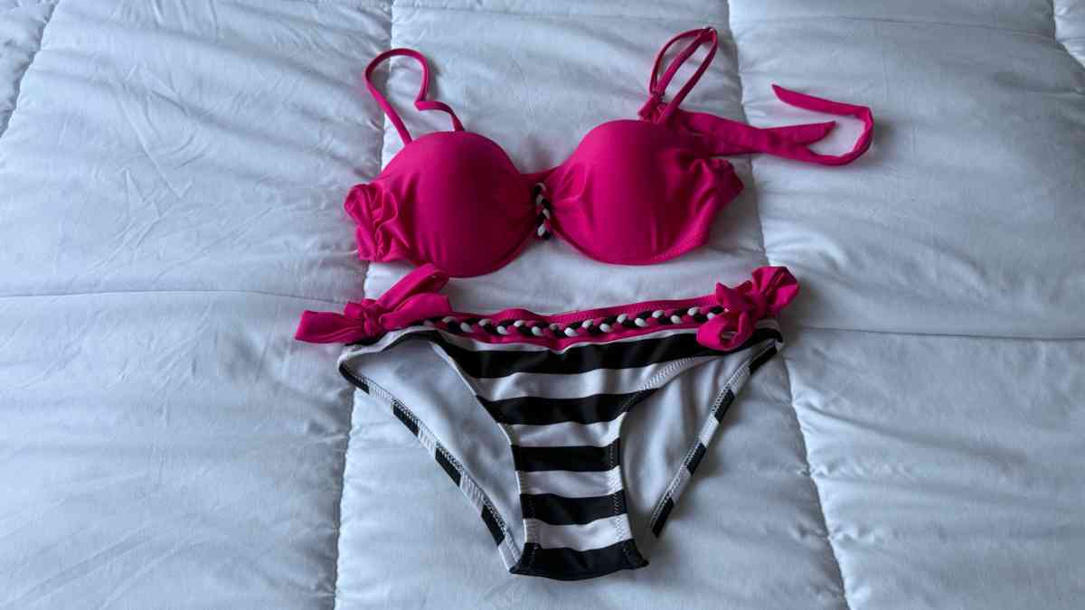 Hot Pink  Black Striped Bikini Set  Padded Bra Top with Brai