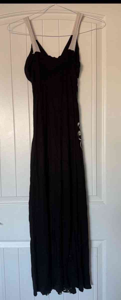 Bohemian Black Embroidered Midi Dress  Folk Floral Stitching