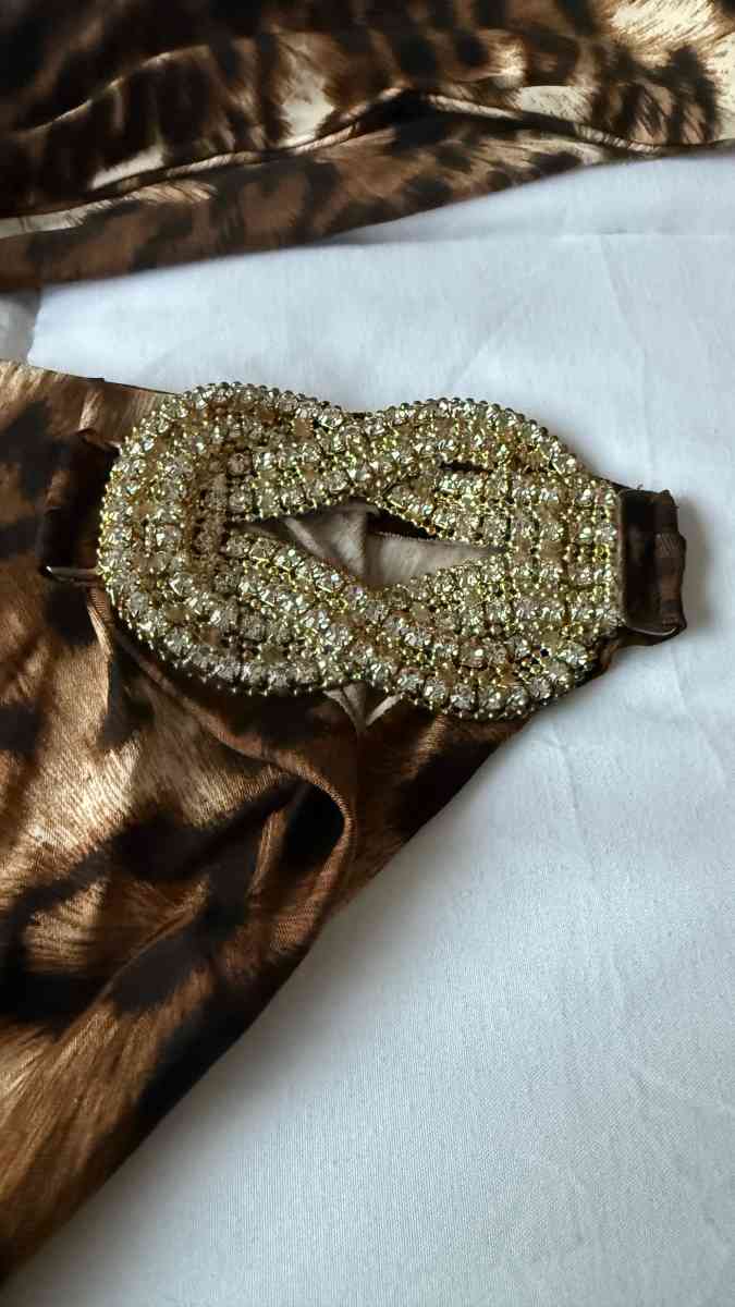 Leopard Print OneShoulder CutOut Mini Dress with Rhinestone