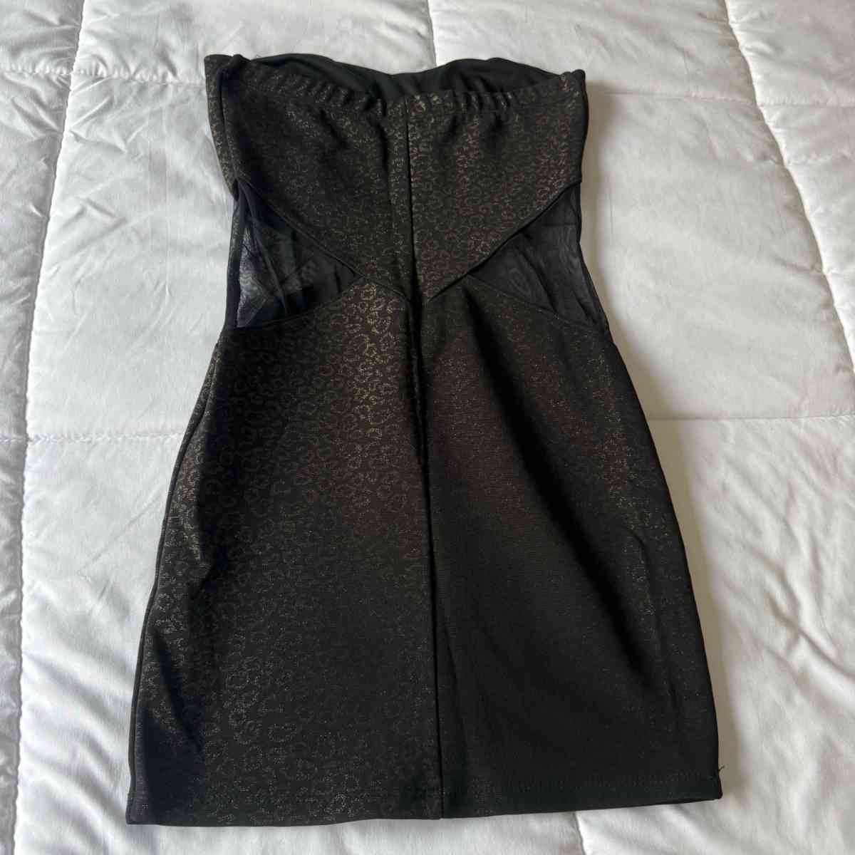 Strapless Black  Gold Animal Print Bodycon Dress with Mesh S