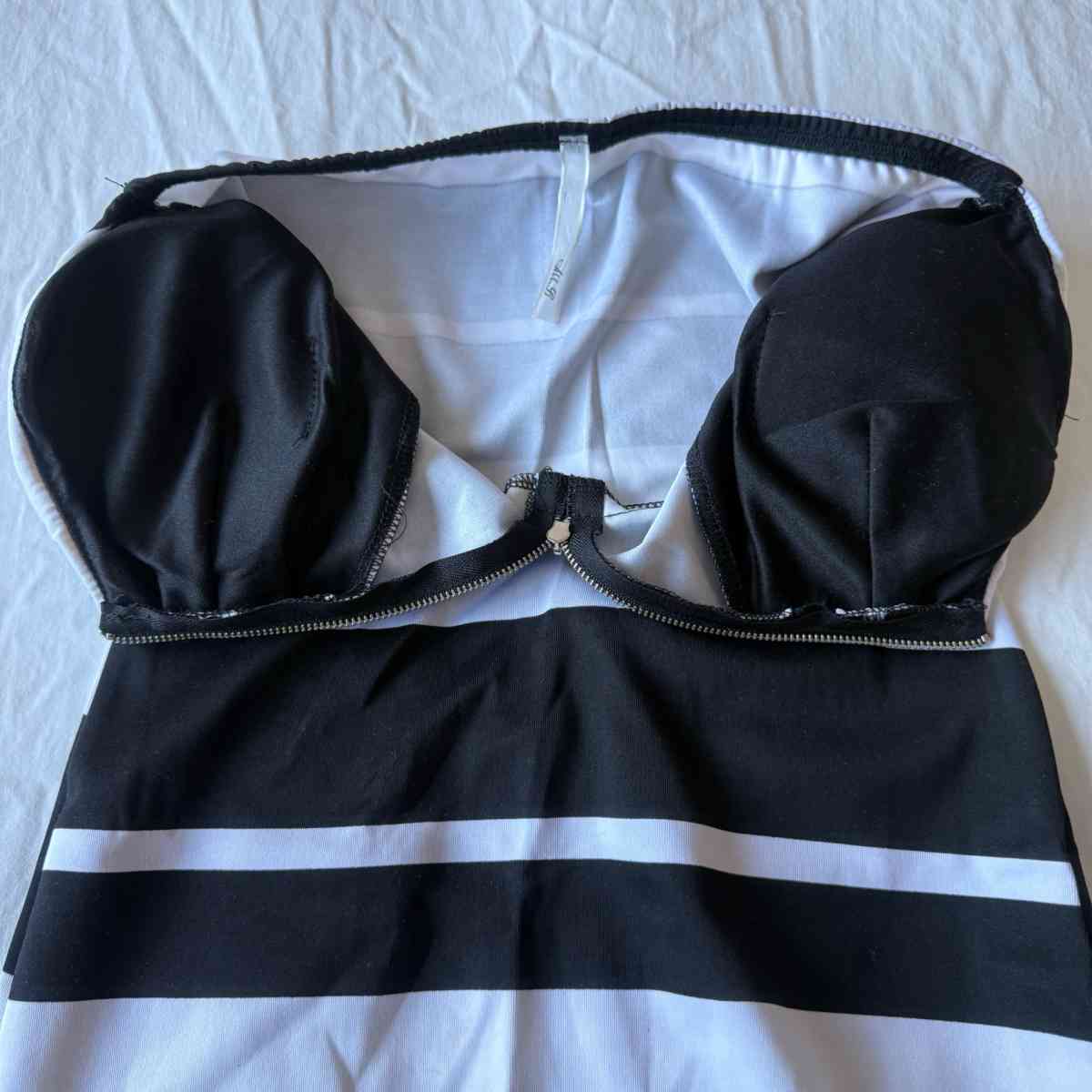 Strapless Black  White Stripe Bodycon Built In Padded Bra Mi