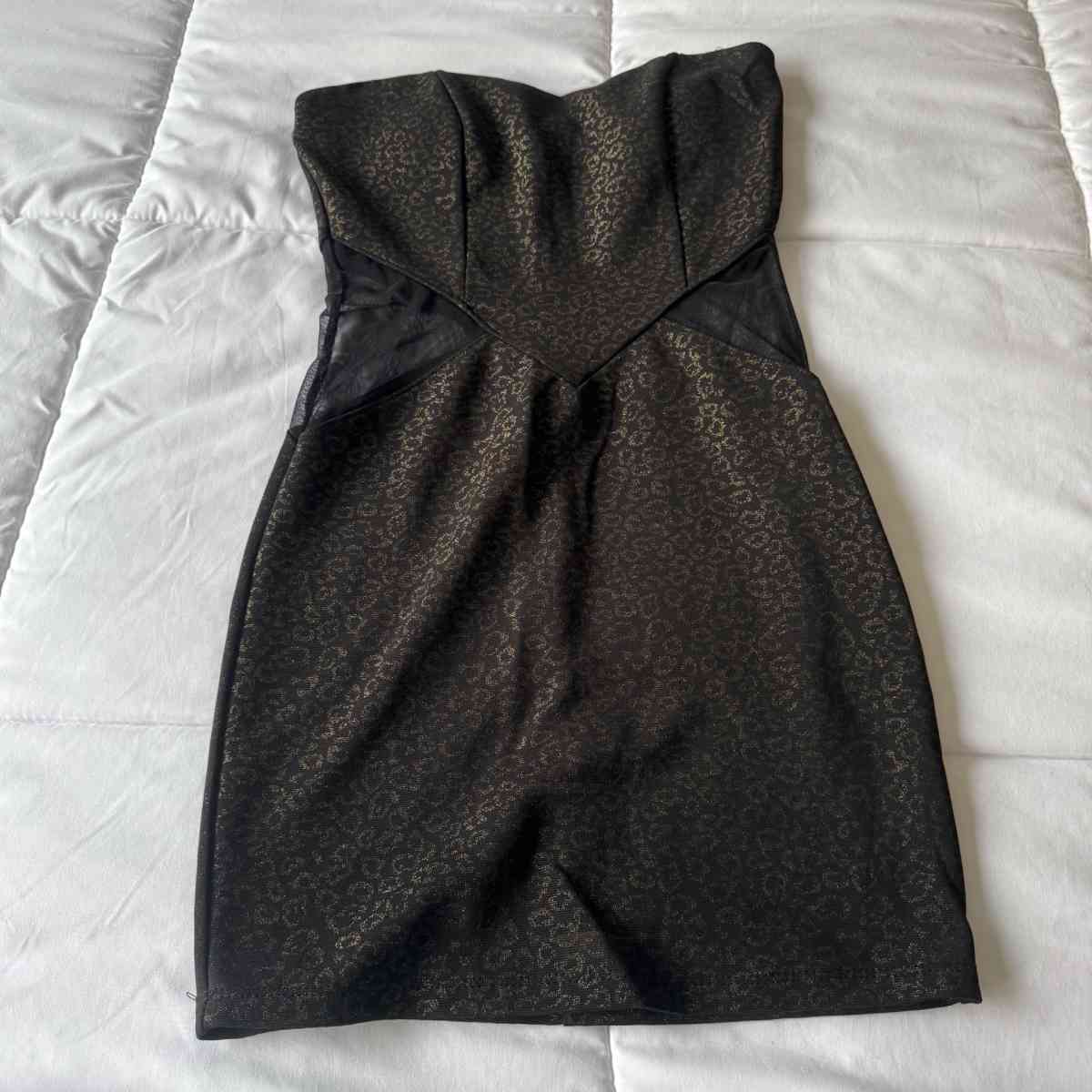 Strapless Black  Gold Animal Print Bodycon Dress with Mesh S
