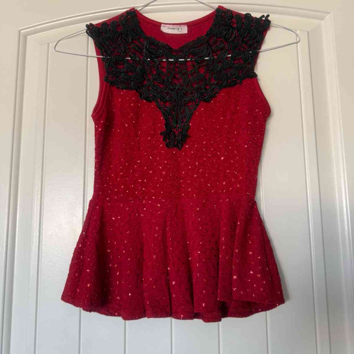 New Red Peplum Top with Black Lace Statement Neckline S