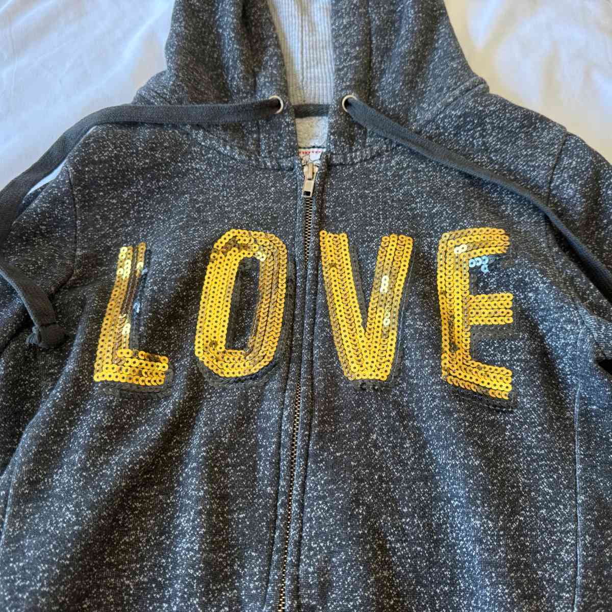 Womens Charcoal ZipUp Hoodie with Gold Sequin LOVE Graphic